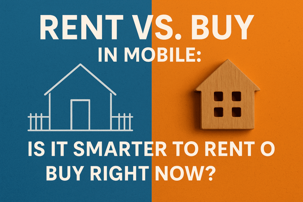Rent vs Buy graphic comparing housing options in Mobile Alabama for real estate blog.