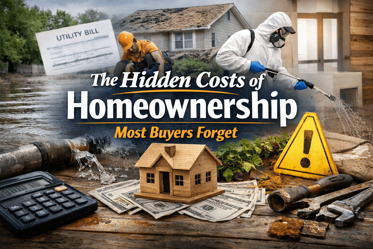 Illustration of hidden homeownership costs including maintenance, flood damage, repairs, and unexpected expenses for homeowners.